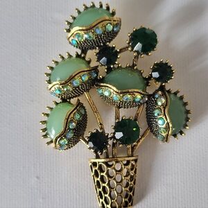 Fashion Jewelry Green and Gold Floral Bouquet Brooch